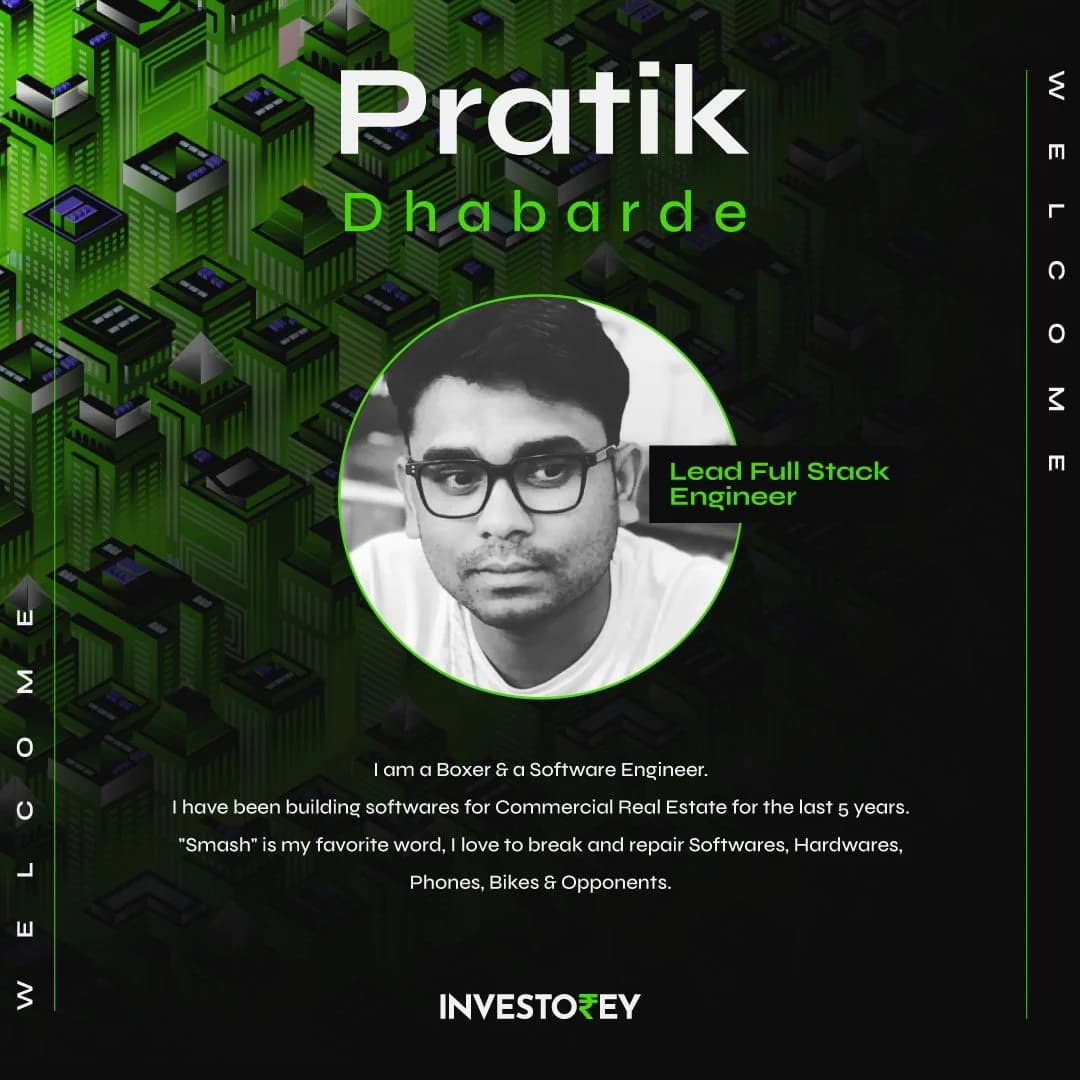 Investorey welcome post announcing Pratik Dhabarde as Lead Full Stack Engineer
